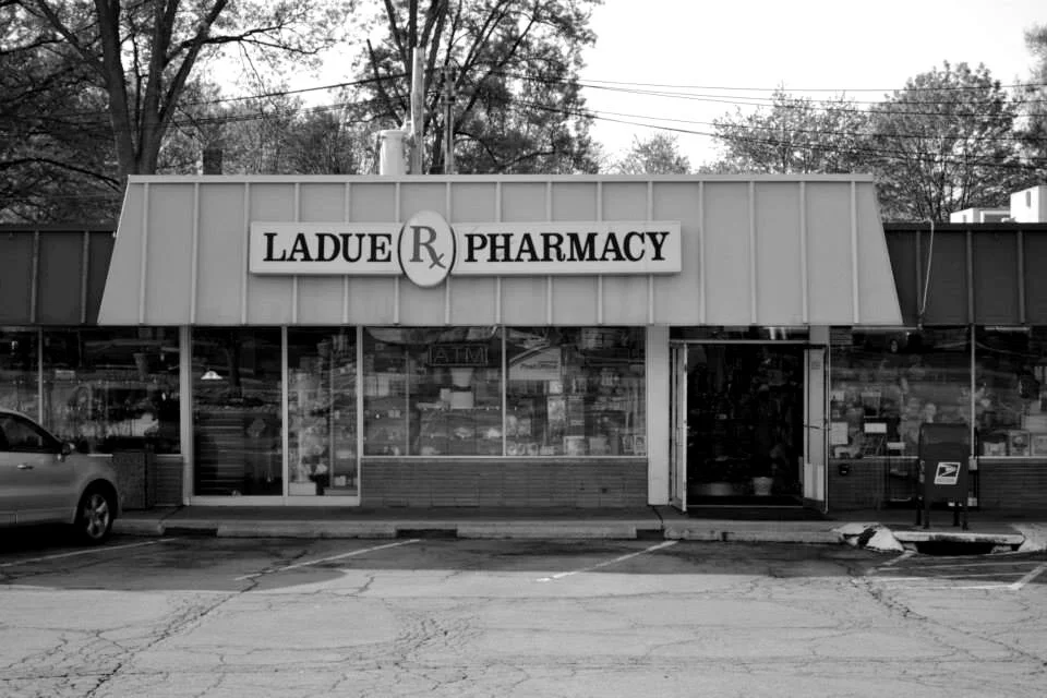 Historic black-and-white photograph of Ladue Pharmacy